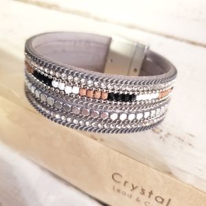 Bracelet: Magnetic Beaded Rhinestone Faux Leather Straps Silver Tone Clasp